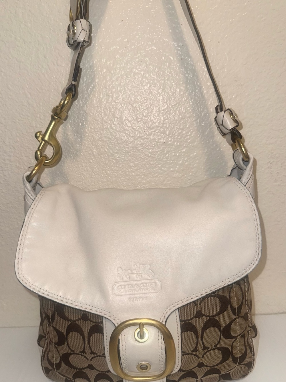 Coach White and Brown Signature Shoulder Bag with Brass Buckles - Picture 6 of 9